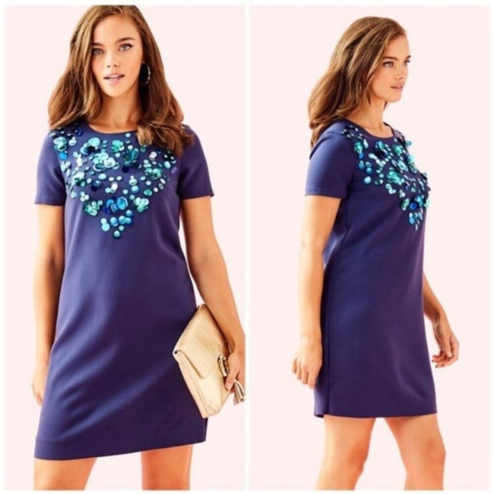 Lilly Pulitzer Havyn Embellished Shift Dress Women's 6 Navy Blue Whimsy NWT